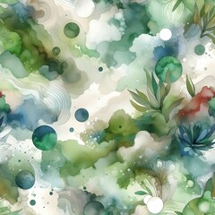 A seamless abstract digital watercolor artwork in green and white, featuring flowing blots, splashes, strains, and drops of color, creating a calming and dynamic visual effect.