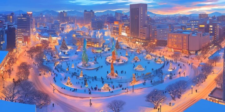 Sapporo, Hokkaido: In winter, Sapporo turns into a world covered in silver. During the day, the snow-capped peaks sparkle under the sunlight; at night, huge snow sculptures decorate the city streets, 