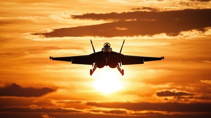 Silhouette fighter jet soaring in sunset sky vibrant hues