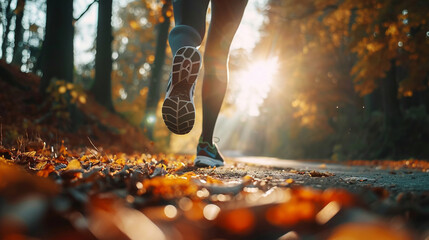 Medium close-up of a runnerâs legs in motion, with sunlight filtering through the trees.