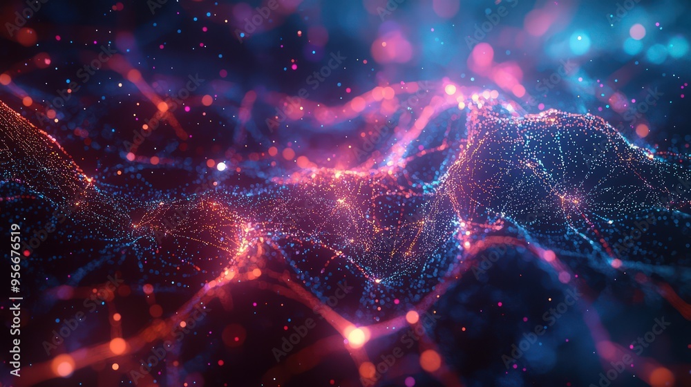 Wall mural abstract cyberspace with digital lines neuron particles background big data artificial intelligence
