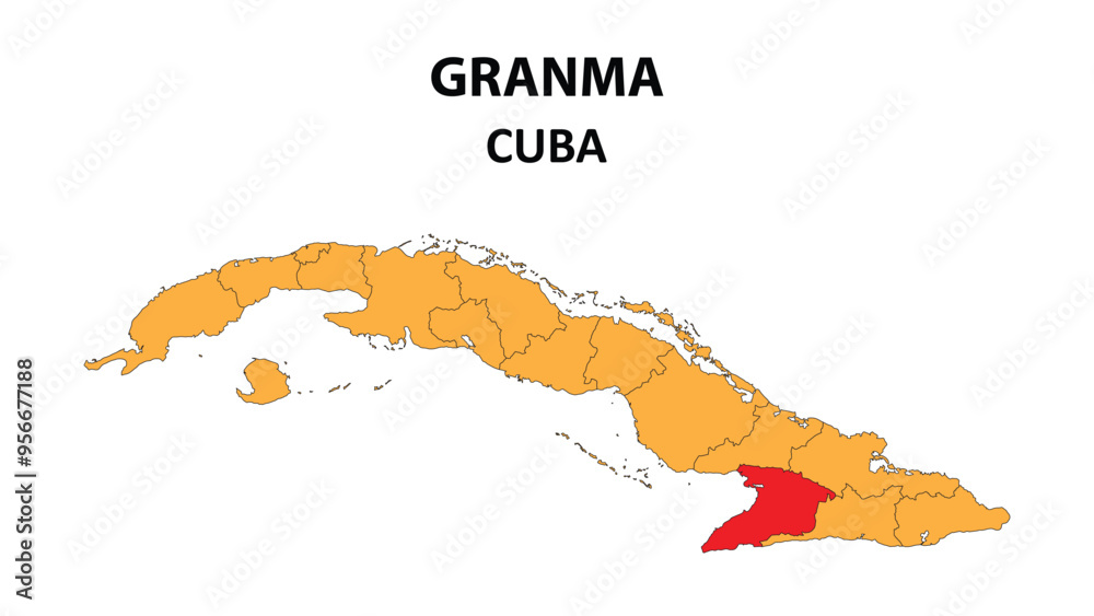 Sticker granma map is highlighted on the cuba map with detailed state and region outlines.