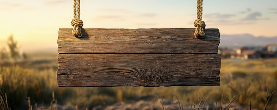 Rustic saloon sign mockup, wooden plank with rope hanging, western town backdrop, blank space for text, 3D illustration
