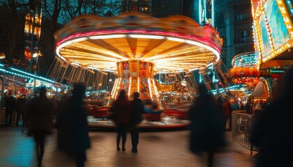 Fototapeta premium A vibrant carousel spins at dusk, surrounded by colorful lights and silhouettes of people enjoying the festive atmosphere.