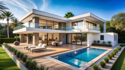 Fototapeta premium Design house modern villa with open plan living and private bedroom wing large terrace with privacy 