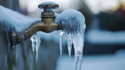 A faucet frozen over with ice in cold weather, with water flow halted due to the extreme temperatures. Winter conditions.