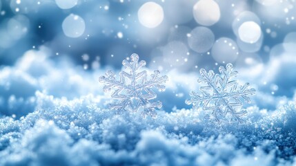 Fototapeta premium Winter snowflakes softly falling on a minimal Christmas-themed background.