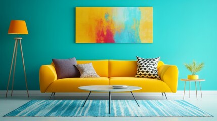 Bright modern living room featuring a yellow sofa and vibrant turquoise accent wall