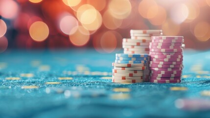 Colorful casino chips stacked on a blue table with bokeh lights in background