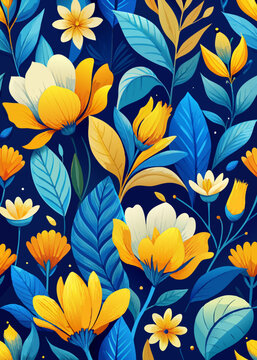 Yellow and blue blossoms watercolor seamless patterns vector