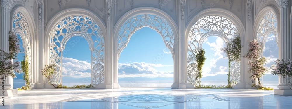 Poster 3d rendering of an ornamental window design in an architectural setting