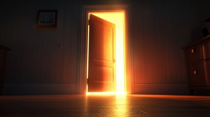 3D rendering of an open door illuminated by bright light