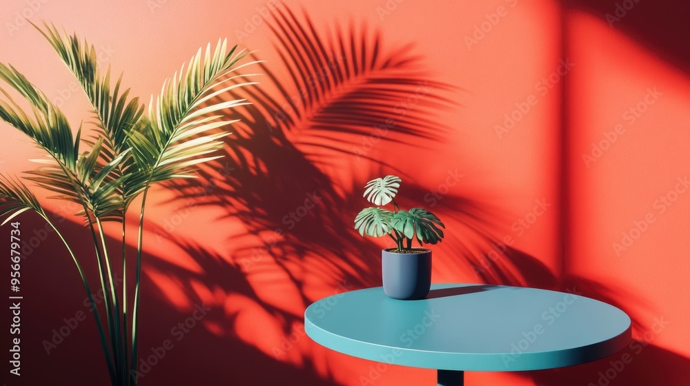 Poster 3d rendering of a modern colored background featuring palm shadows on a blue table with a vibrant re