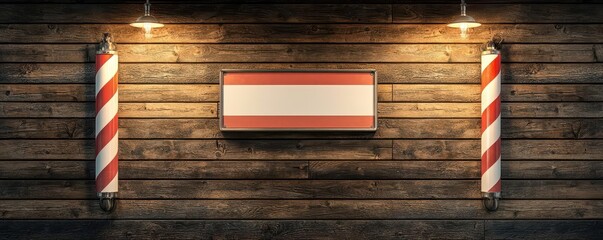 Vintage barber shop pole and blank sign mockup, aged wood storefront, retro styling, 3D illustration