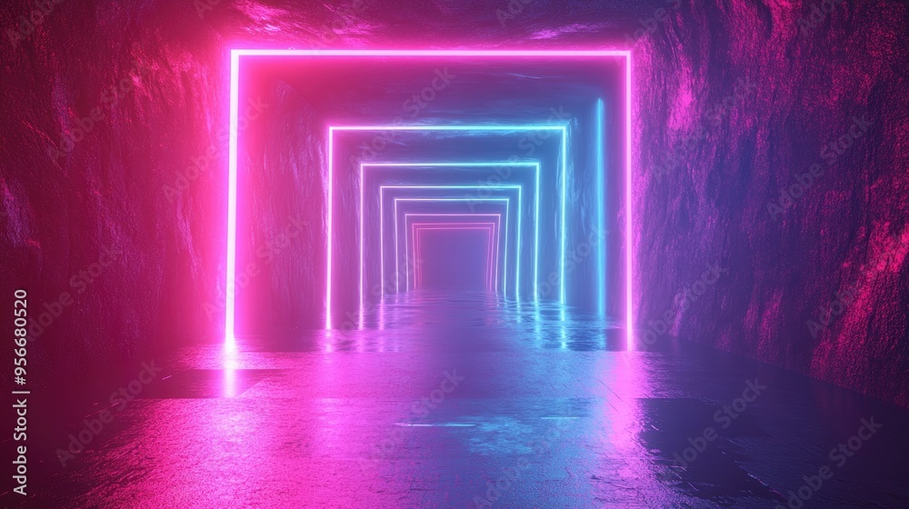 Poster 3d rendering of a glowing tunnel with neon lights featuring an abstract background square portal and