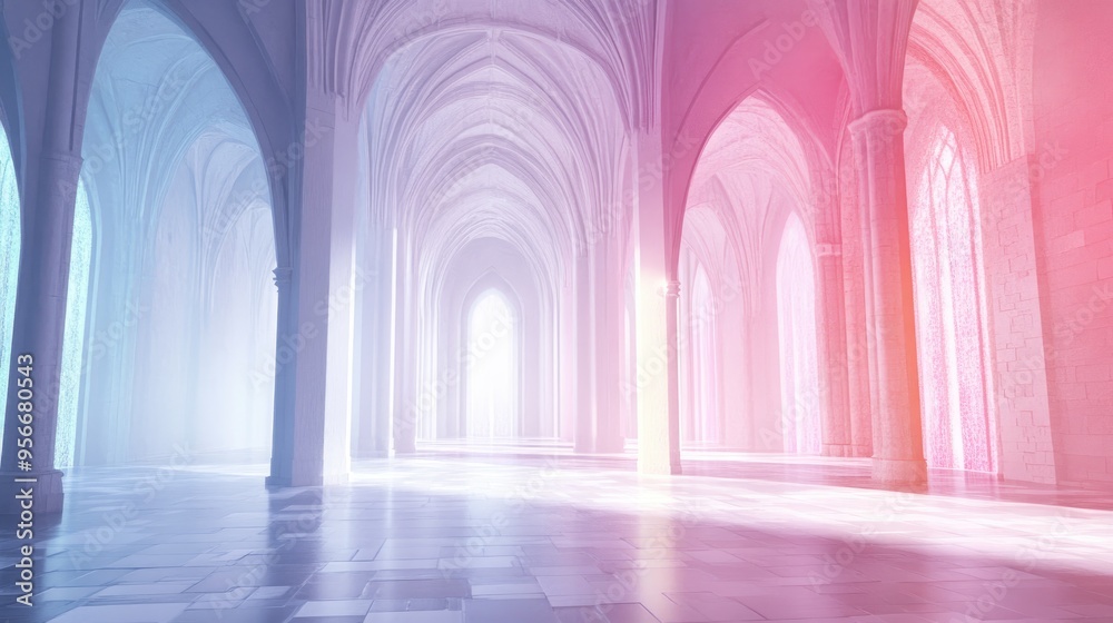 Wall mural 3D rendering of an abstract gothic interior with white and colored gradients