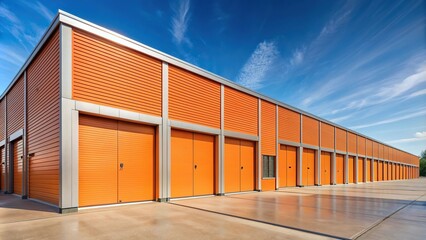 Obraz premium Orange storage facility with large doors and windows for lease, facility, storage, modern, empty, exterior architecture, space, business, exterior, exterior design, entrance, lease