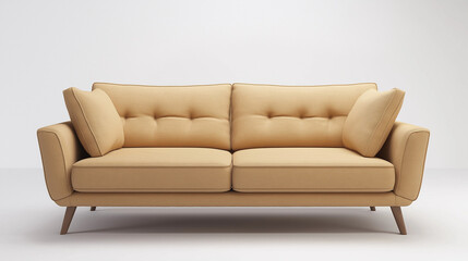 Obraz premium Modern upholstered sofa in sandy shade with Scandinavian style cushions on white background with copywriting