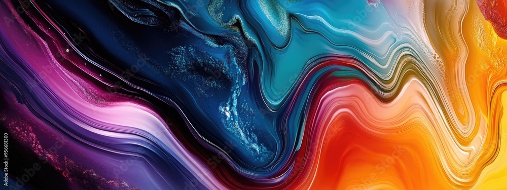 Poster Wavy Circle Abstract gradient artwork in a 3D cartoon rendering Colorful liquid marble style background featuring a fluid ink texture Multi colored graphic waves create a modern art wallpaper desi