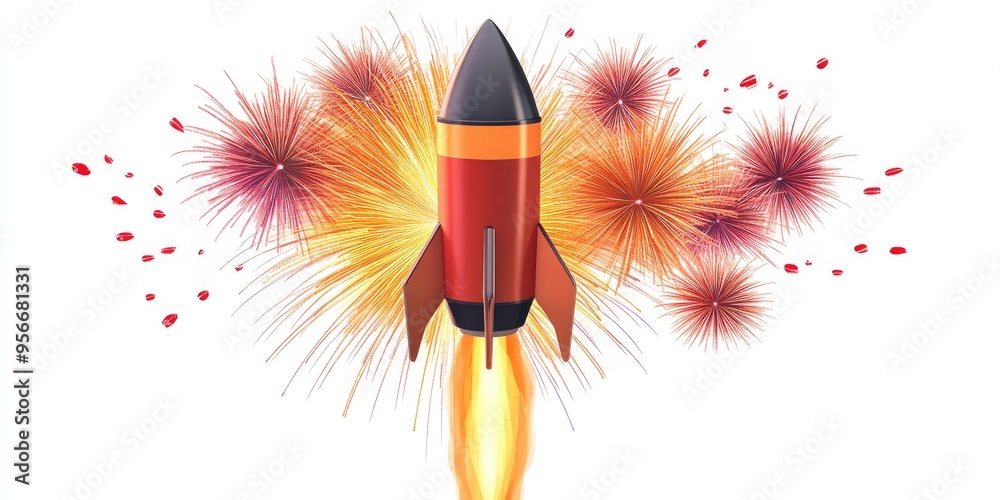 Aufkleber raster 2021 fireworks rocket illustration in a 3d cartoon rendering an isolated illustration on a wh