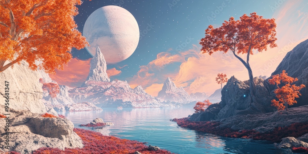 Poster Beautiful view from an exoplanet featuring a 3D cartoon rendering of a computer generated surface showcasing a fantastic perspective of an alien planet in a fantasy world