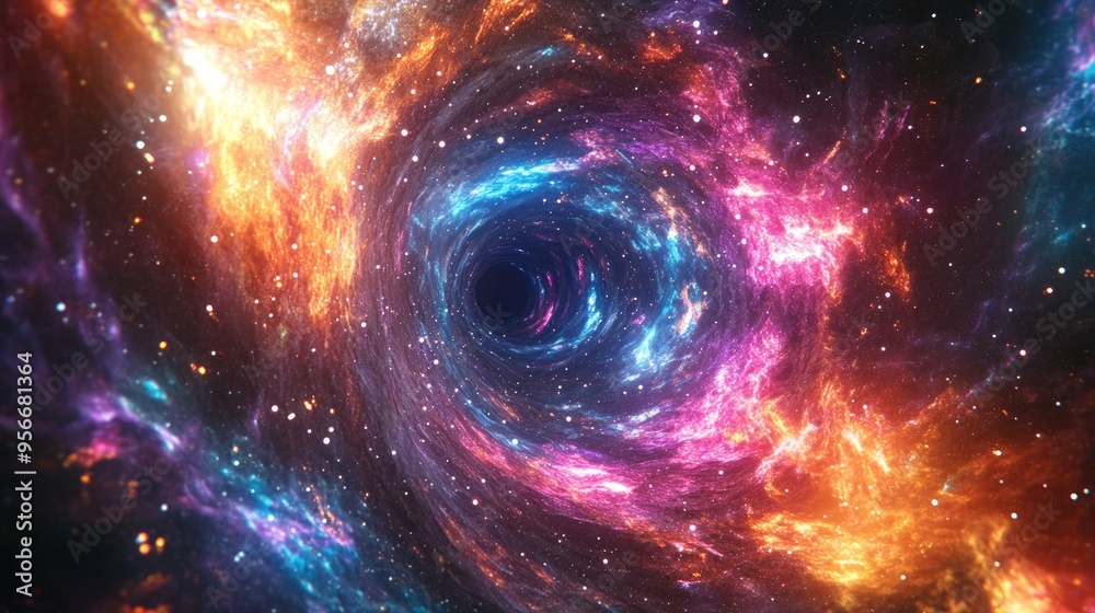Poster Flight through a colorful wormhole tunnel of nebula in 3D cartoon rendering