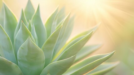 Fototapeta premium Closeup of green agave plant in bright sunlight with soft focus background