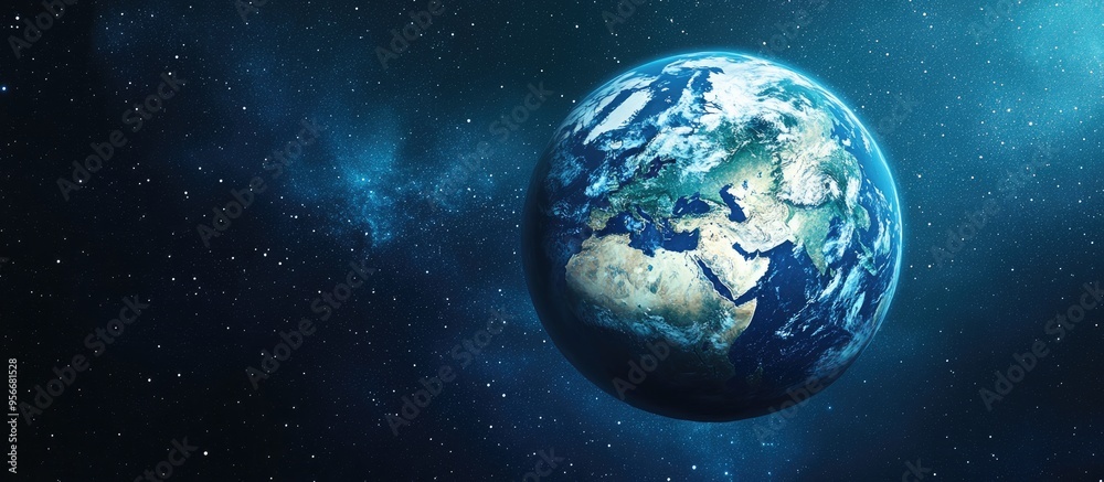 Poster amazing blue planet earth with continents oceans and clouds in open space against a starry sky rende