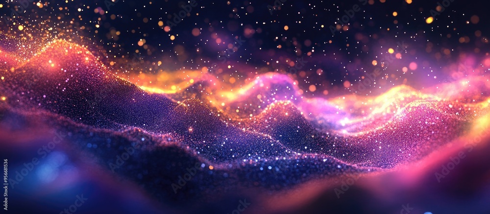Poster Glowing particles stars and a sparkling flow create an abstract background in a 3D cartoon rendering with glitter