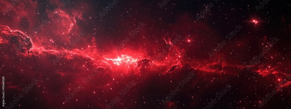 Aufkleber Space scene in a 3D cartoon rendering featuring a panorama of a red universe filled with stars a nebula and a galaxy