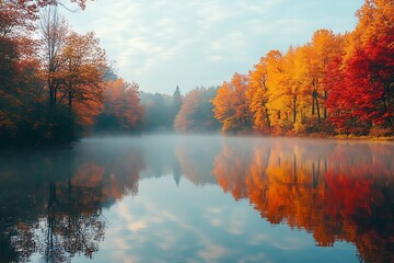 Fototapeta premium A calm lake reflects vivid autumn colors of fiery oranges, reds, and yellows. Light mist hovers over the water in the peaceful early morning scene.