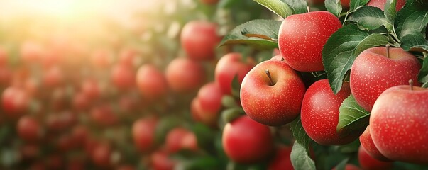 Obraz premium Vibrant red apples hang on trees in a sunlit orchard, showcasing the beauty and abundance of nature's harvest.