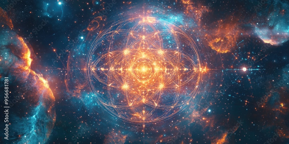 Aufkleber Sacred geometry design template featuring interlocking circles triangles and squares along with golden ratio numbers energy flows and particles set against a background of outer space presented in