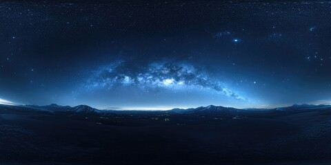 3D cartoon depiction of a panoramic blue night sky featuring the Milky Way and stars against a dark backdrop The universe is filled with stars nebulae and galaxies showcasing noise and grain effec