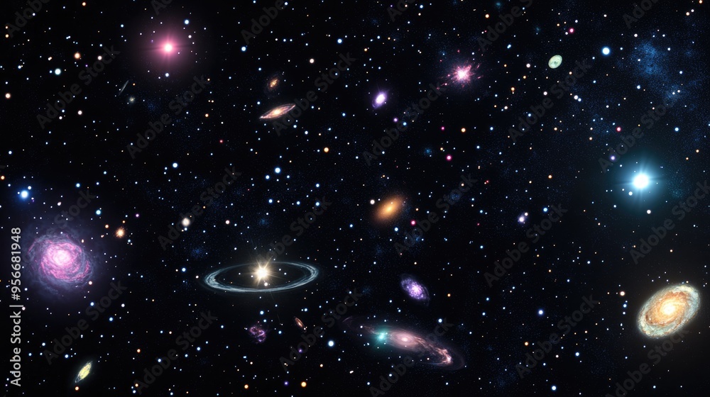 Poster nebula and galaxies in space rendered in 3d cartoon style