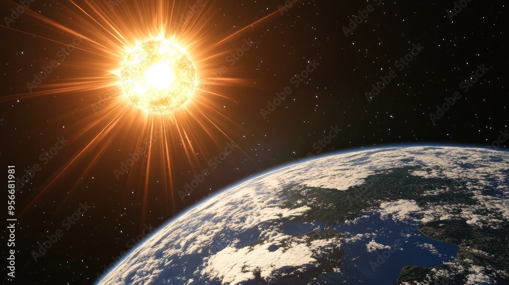 Aufkleber 3d cartoon visualization of the earth and the sun from space showcasing rays radiating from the star
