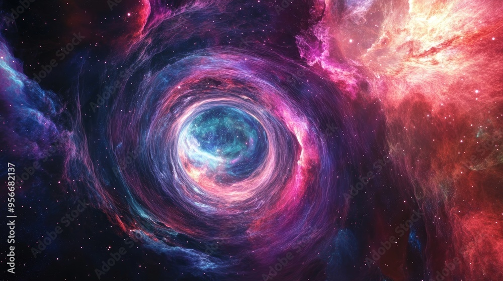 Poster Flight through a colorful wormhole tunnel of nebula in 3D cartoon rendering
