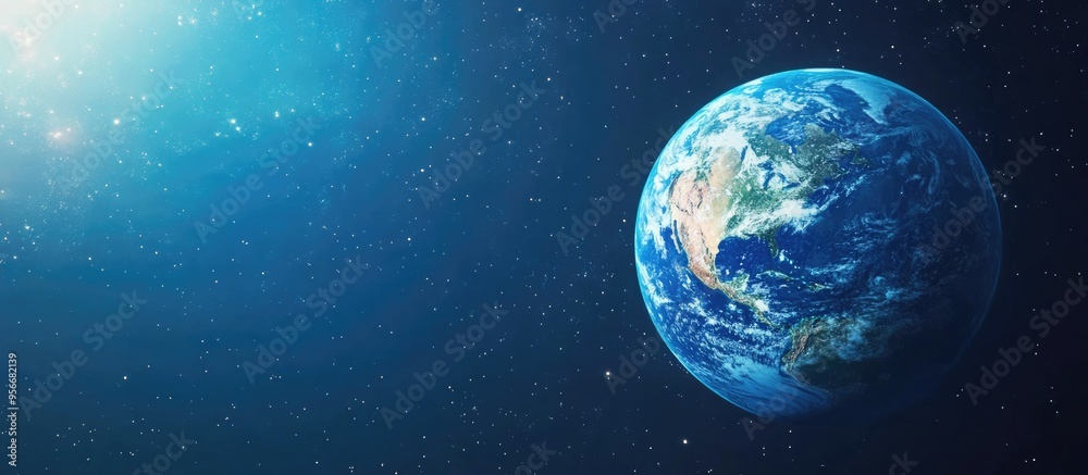 Poster amazing blue planet earth with continents oceans and clouds in open space against a starry sky rende
