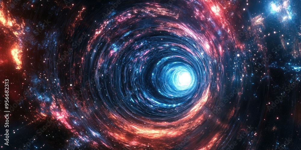 Poster Cartoon stylized 3D rendering of a cosmic wormhole illustrating a space travel concept with a funnel shaped tunnel connecting different universes