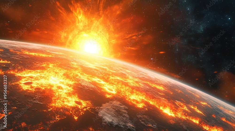 Poster cartoon rendering in 3d of the earth and sunflare from a space perspective