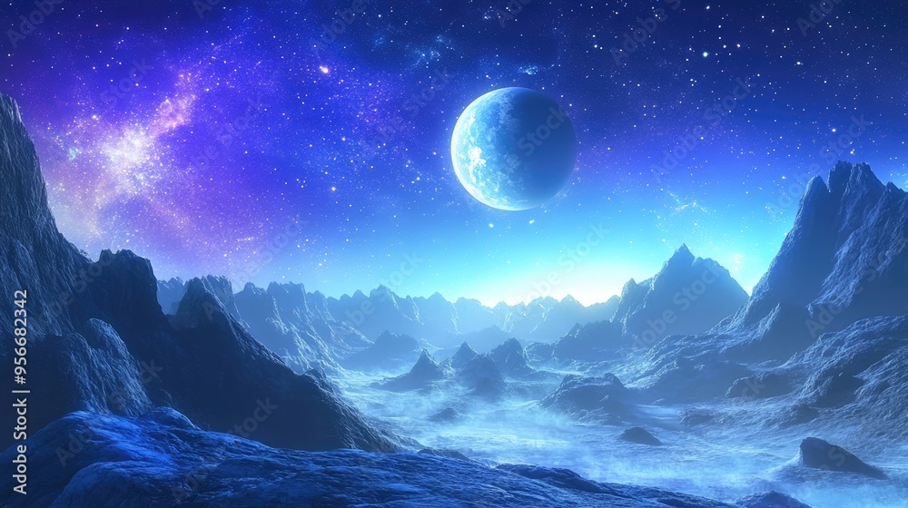 Poster galaxy world night background featuring a 3d cartoon rendering showcasing a futuristic planet in a f