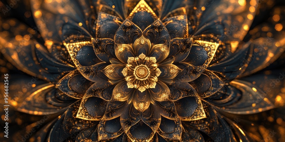 Poster Beautiful mandala in a 3D cartoon rendering Abstract fractal shapes and patterns Infinite universe with a mysterious psychedelic relaxation design Dynamic flowing natural forms Sacred geometry