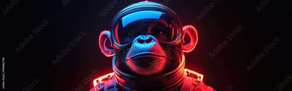 Aufkleber Monkey astrochimp in a spacesuit posed against a black background rendered in 3D cartoon style