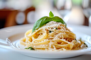 Close-up of exquisite pasta dish with fresh basil and grated parmesan.