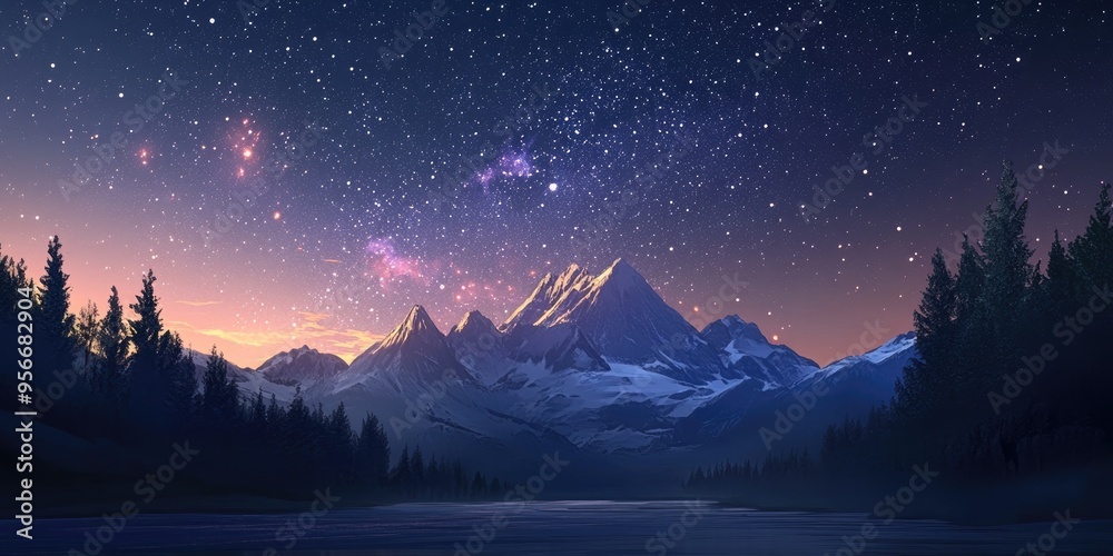 Aufkleber infinite stars and mountain view in 3d cartoon rendering