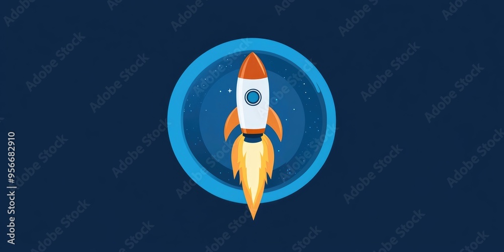 Aufkleber space rocket launch in a blue circle with stripes depicted in 3d cartoon rendering