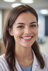 Fototapeta premium A female doctor smiling confidently in a clinical setting with blurred background.
