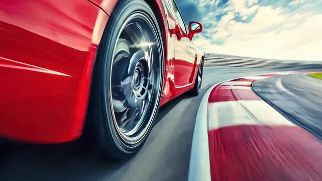 High-Speed Red Sports Car on Race Track Curving Turn