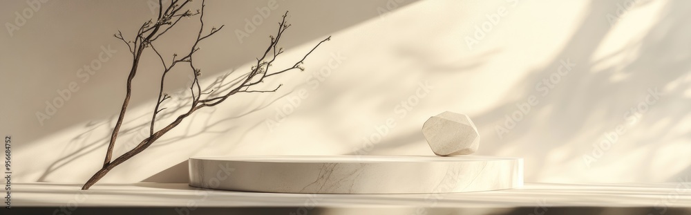 Poster Premium podium on a soft background for product showcase featuring an abstract geometric arrangement with a branch and shadow on the wall 3D render Mockup for showcases and promotional purposes