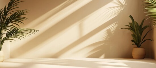 Empty brown and beige studio space featuring leaf shadows suitable for product presentations Seasonal background with a tropical flair 3D rendering